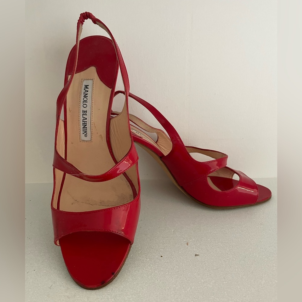 Manolo Blahnik Red Patent Leather Strappy Singback Stiletto
